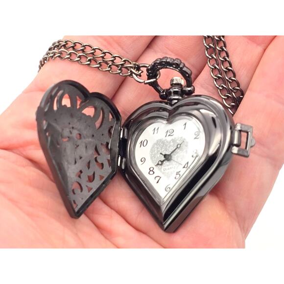 Black Heart Pendant Watch - Gothic Filigree Necklace Locket Watch Gift for Her - Picture 7 of 10